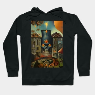 Surrealist painting like digital art of a Skull Cauldron and a village in abstract style Hoodie